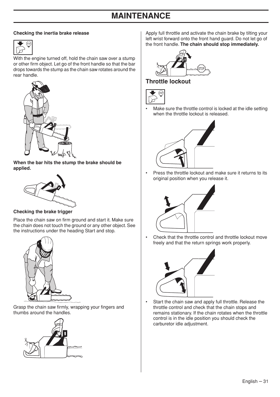 Throttle lockout, Maintenance | Husqvarna 575XP User Manual | Page 31 / 48