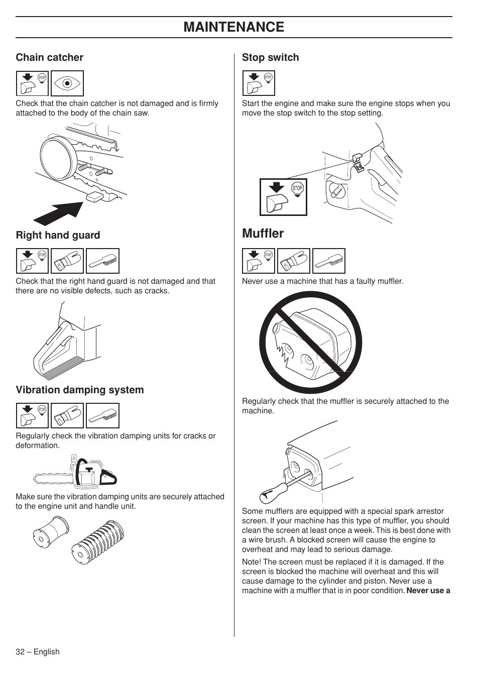 Chain catcher, Right hand guard, Vibration damping system | Stop switch, Muffler, Maintenance | Husqvarna 575XP User Manual | Page 32 / 48