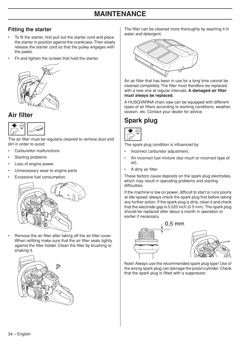 Fitting the starter, Air filter, Spark plug | Maintenance | Husqvarna 575XP User Manual | Page 34 / 48