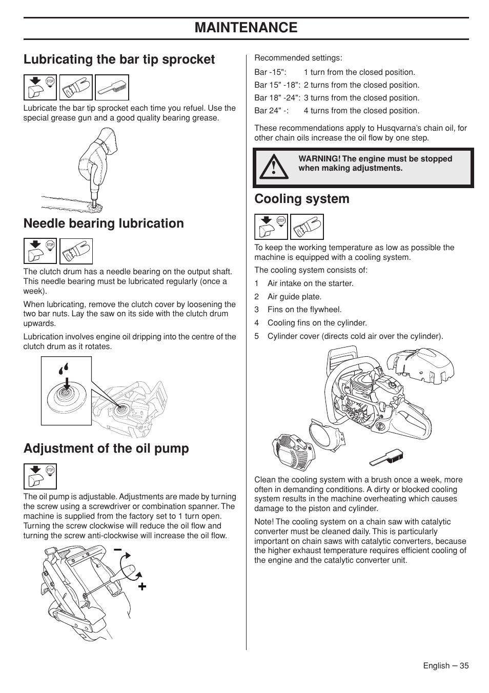 Lubricating the bar tip sprocket, Needle bearing lubrication, Adjustment of the oil pump | Cooling system, Maintenance | Husqvarna 575XP User Manual | Page 35 / 48