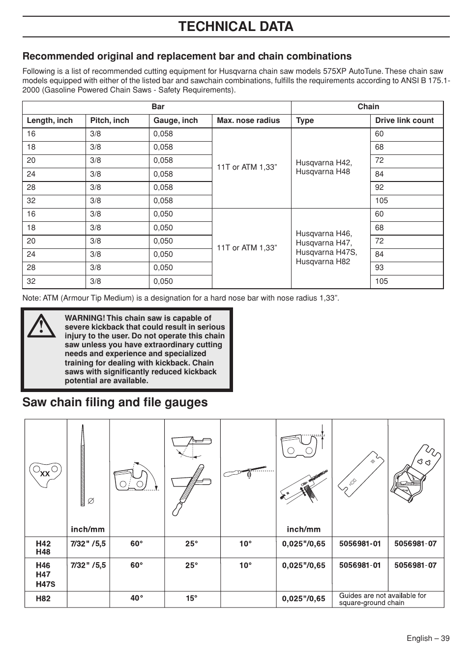 Saw chain filing and file gauges, Technical data | Husqvarna 575XP User Manual | Page 39 / 48