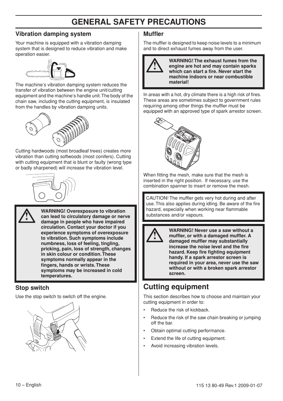 Vibration damping system, Stop switch, Muffler | Cutting equipment, General safety precautions | Husqvarna EPA III User Manual | Page 10 / 132