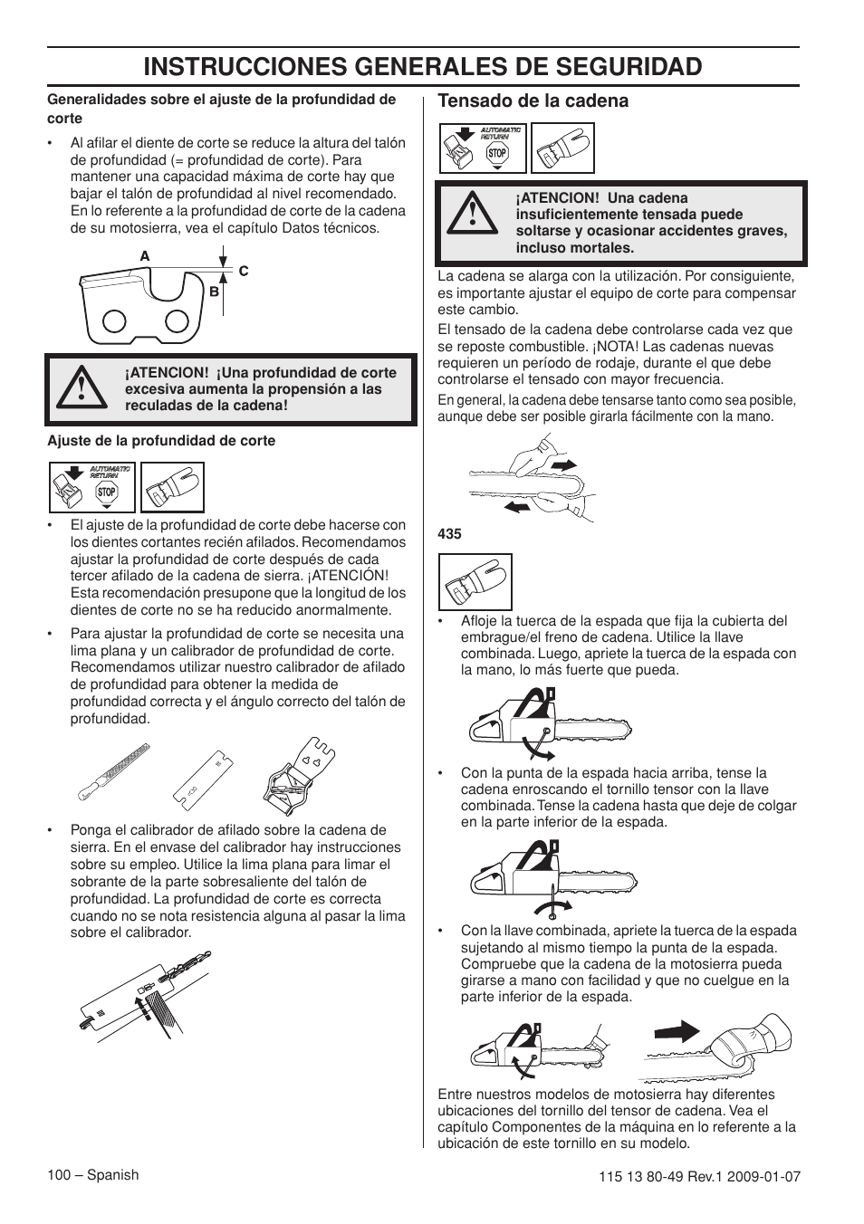 Tensado de la cadena, Instrucciones generales de seguridad | Husqvarna EPA III User Manual | Page 100 / 132