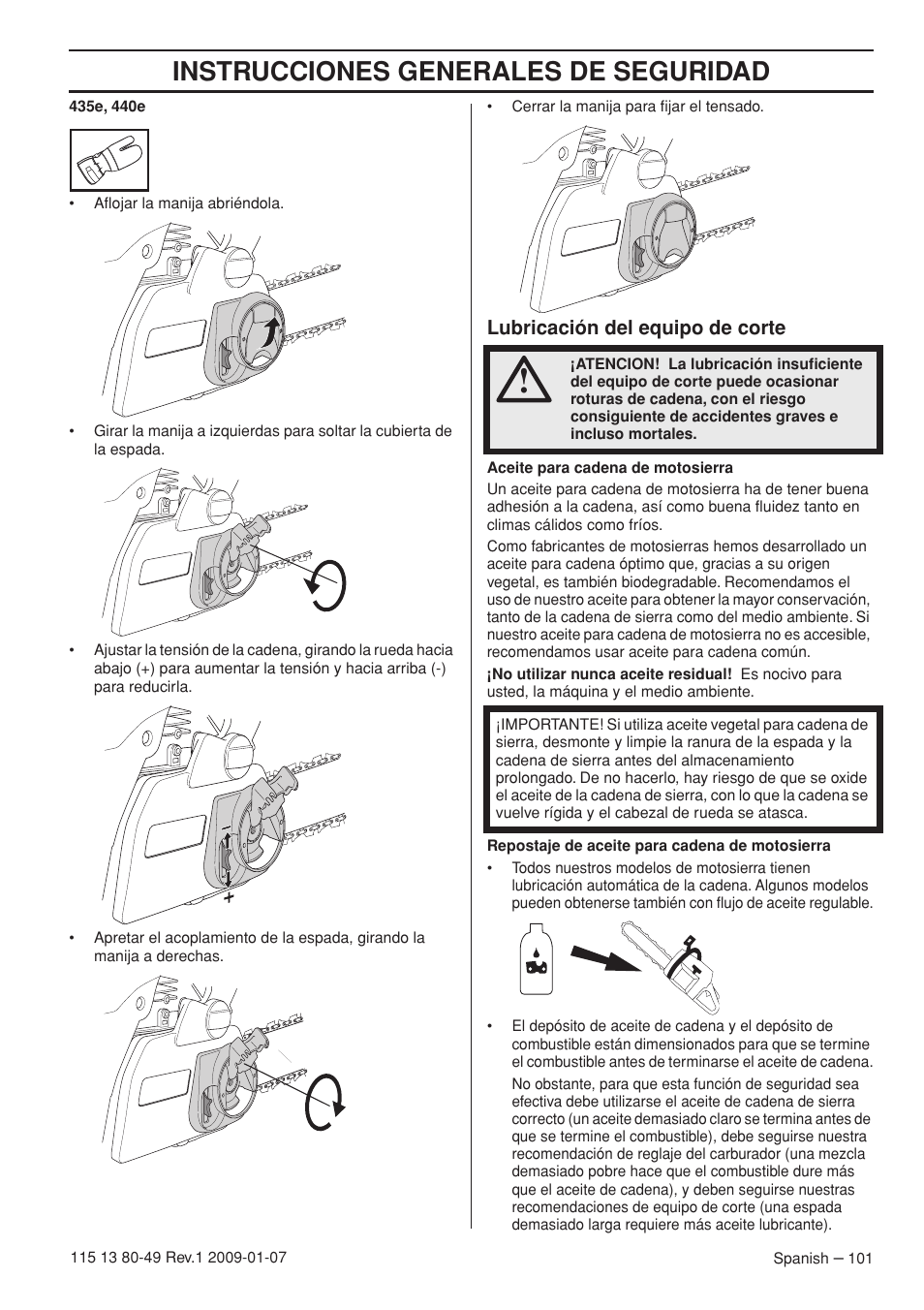 Lubricación del equipo de corte, Instrucciones generales de seguridad | Husqvarna EPA III User Manual | Page 101 / 132