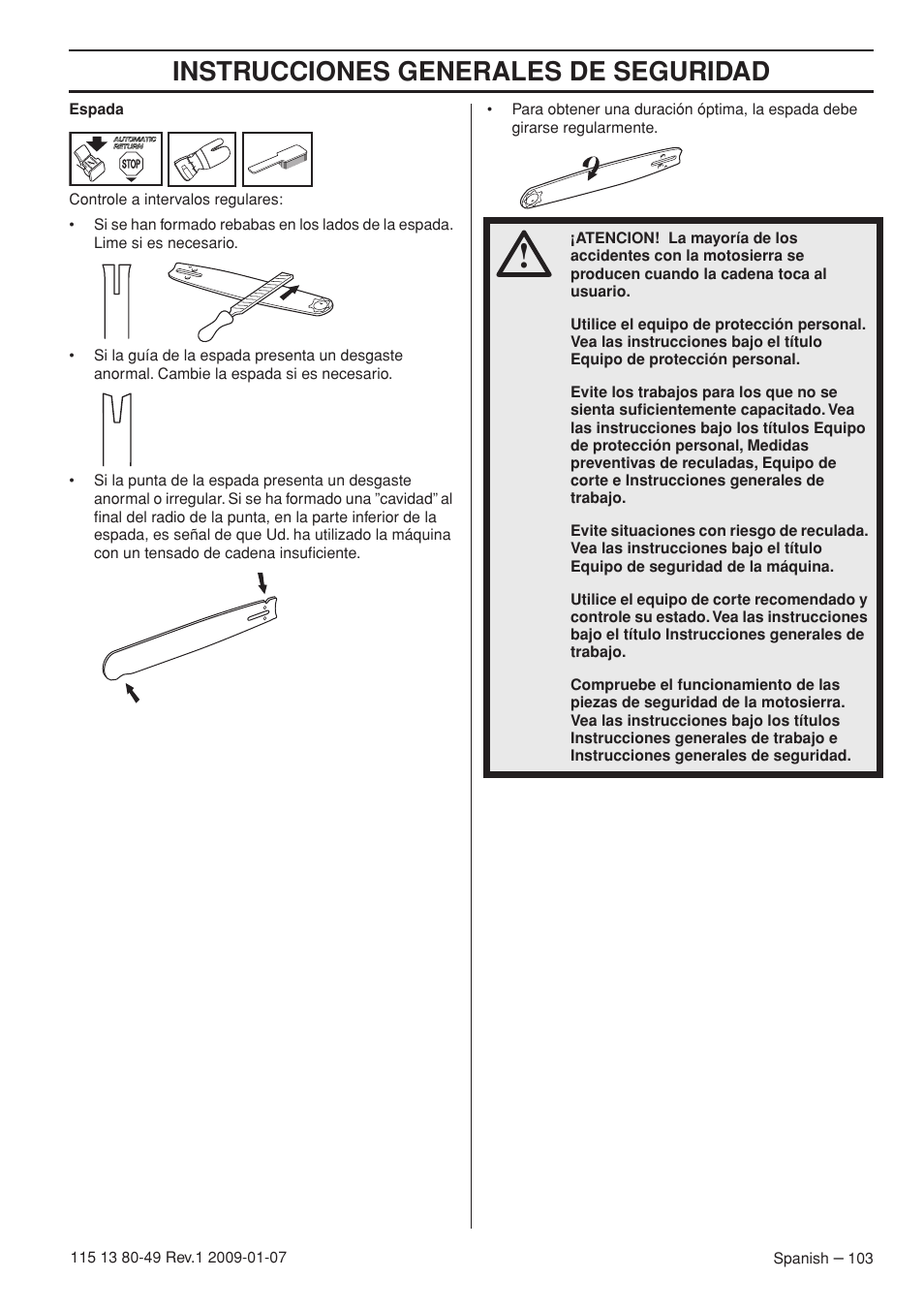 Instrucciones generales de seguridad | Husqvarna EPA III User Manual | Page 103 / 132