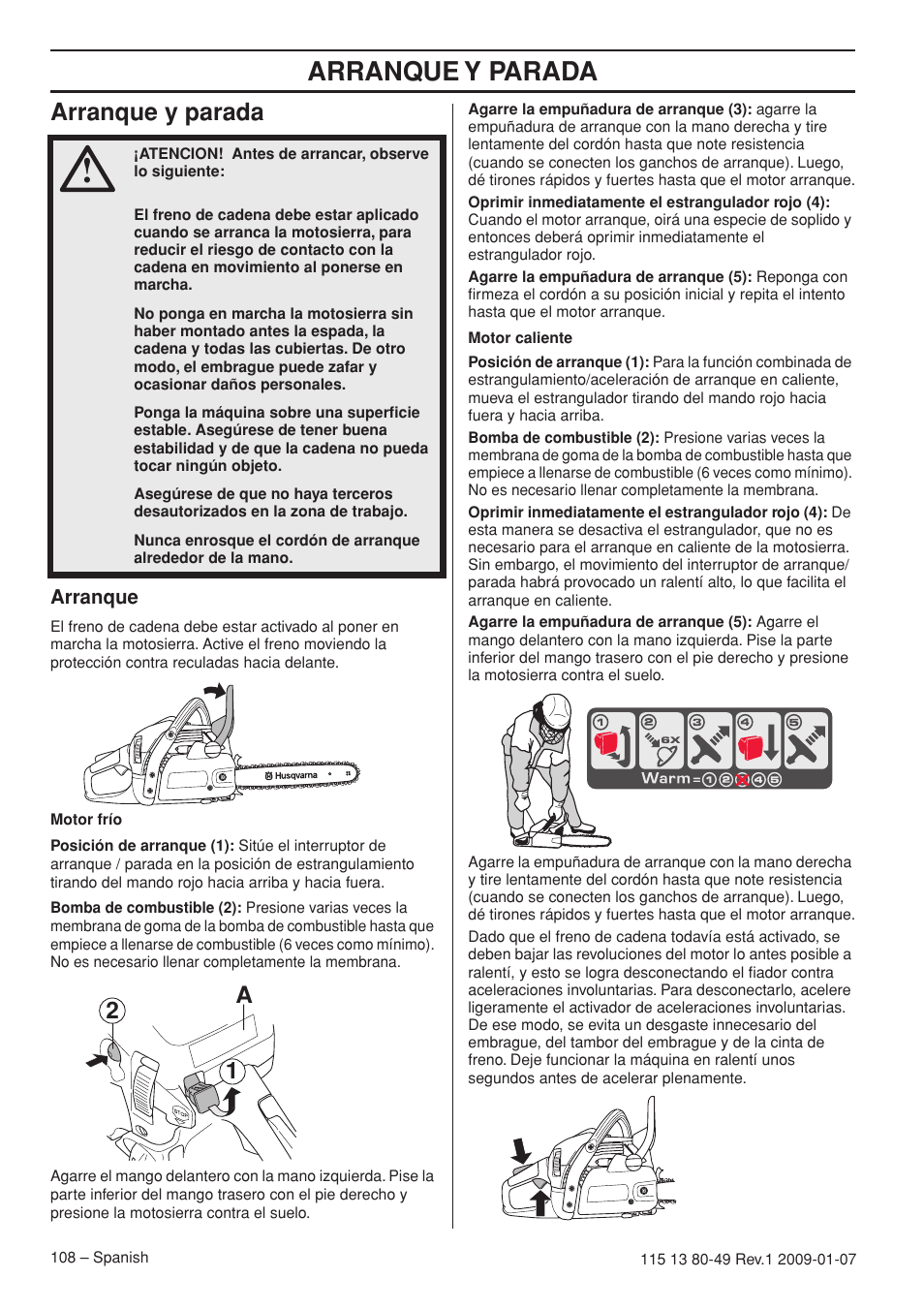 Arranque y parada, Arranque, A2 1 | Husqvarna EPA III User Manual | Page 108 / 132