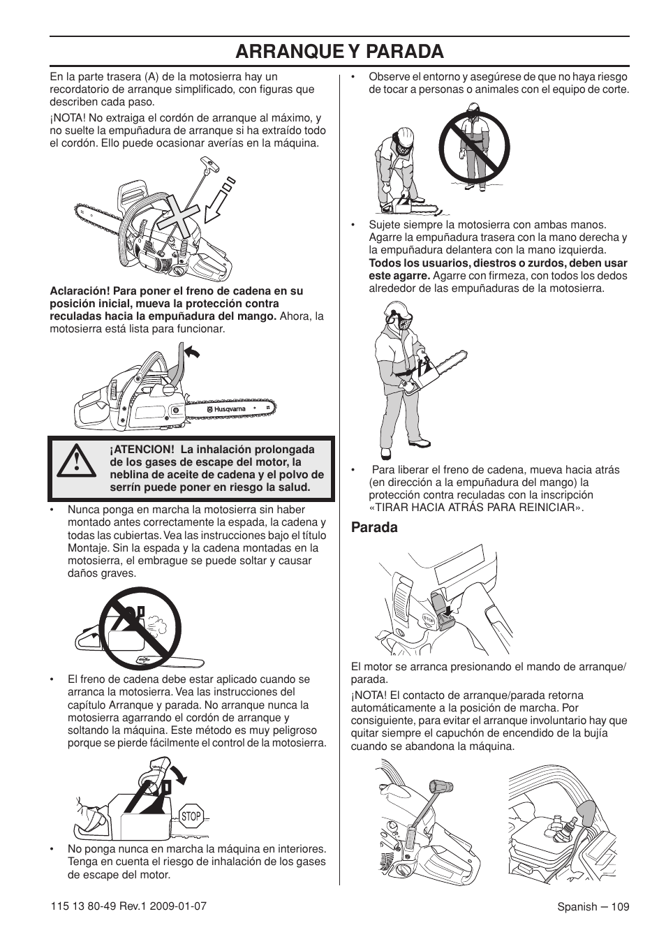 Parada, Arranque y parada | Husqvarna EPA III User Manual | Page 109 / 132