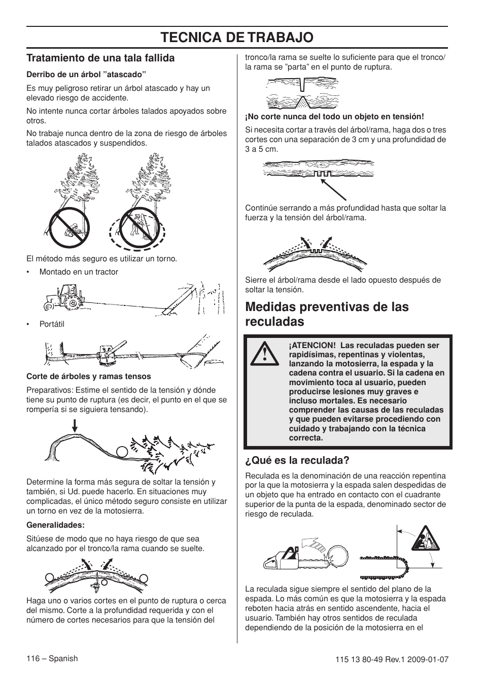 Tratamiento de una tala fallida, Medidas preventivas de las reculadas, Qué es la reculada | Tecnica de trabajo | Husqvarna EPA III User Manual | Page 116 / 132