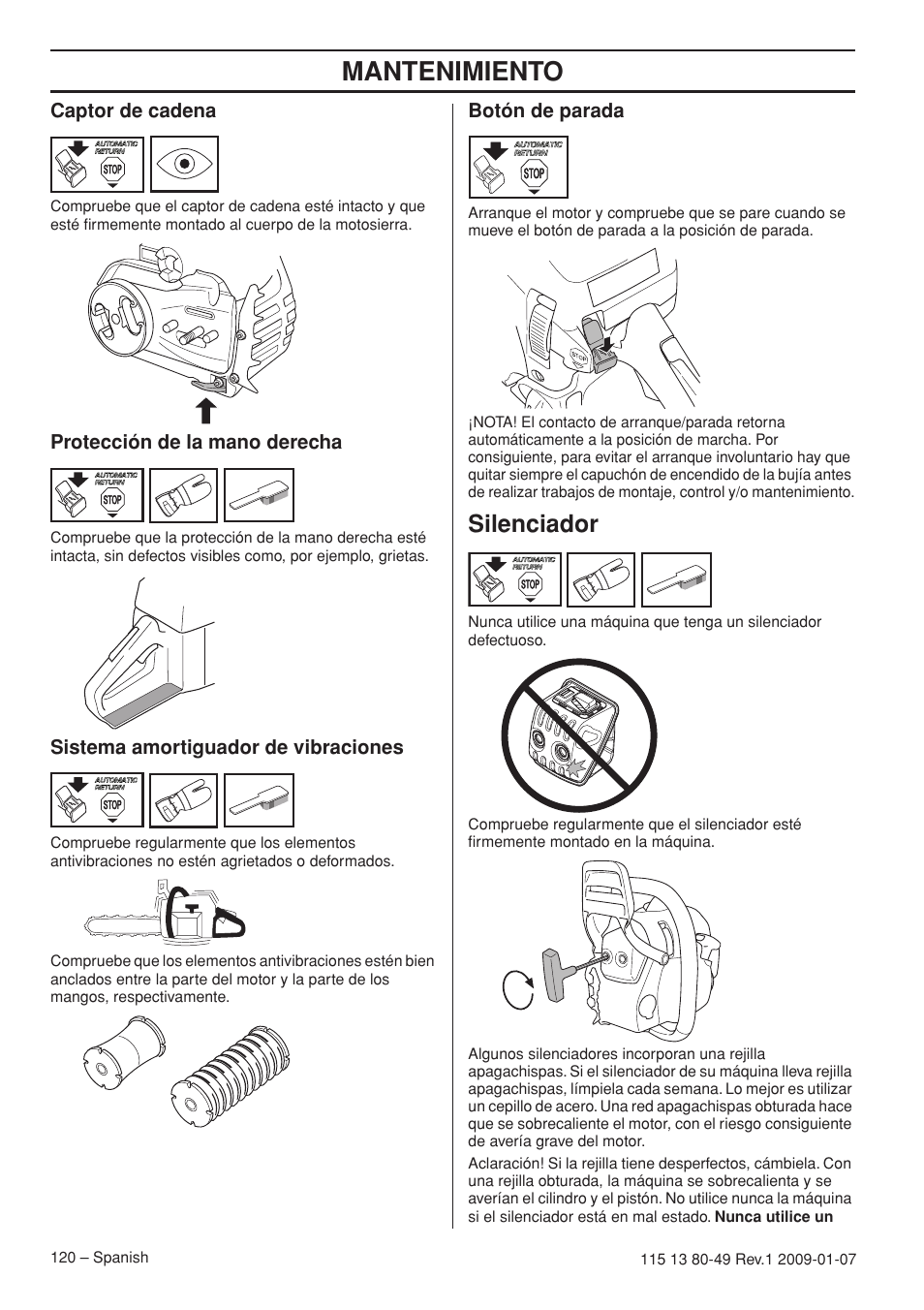 Captor de cadena, Protección de la mano derecha, Sistema amortiguador de vibraciones | Botón de parada, Silenciador, Mantenimiento | Husqvarna EPA III User Manual | Page 120 / 132