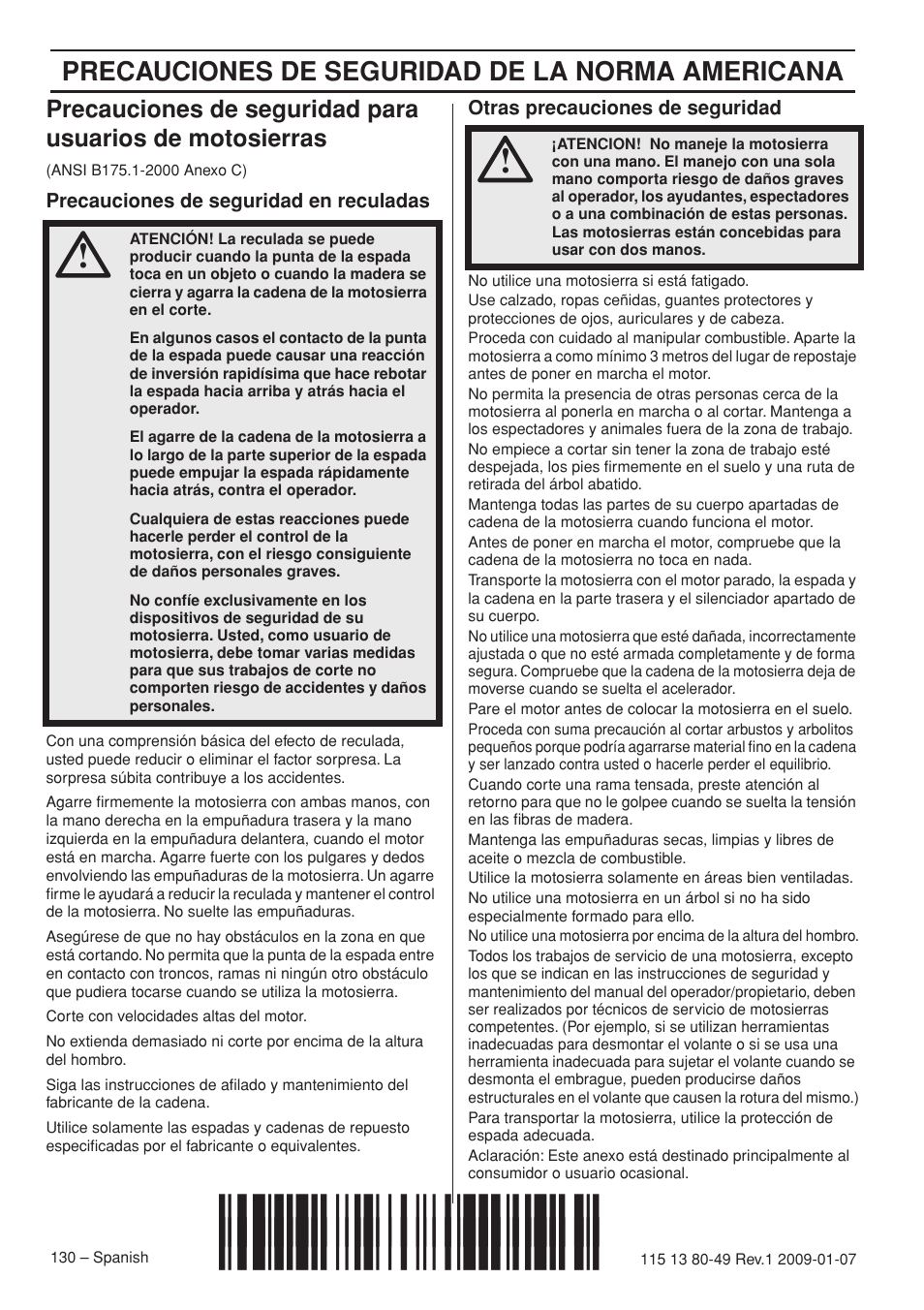 Precauciones de seguridad en reculadas, Otras precauciones de seguridad, Z+sf$¶9z | Precauciones de seguridad de la norma americana | Husqvarna EPA III User Manual | Page 130 / 132