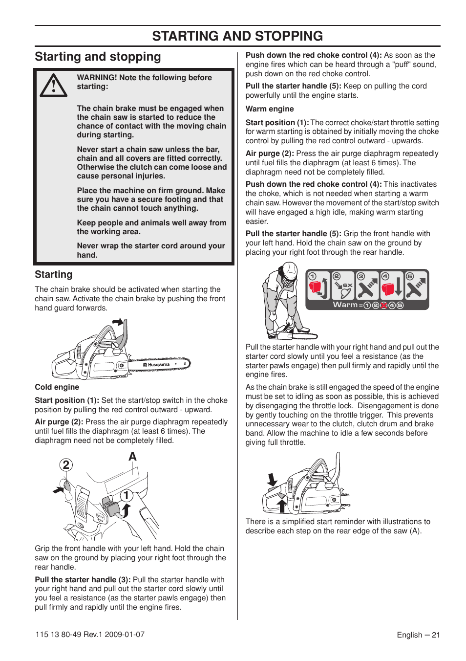 Starting and stopping, Starting, A2 1 | Husqvarna EPA III User Manual | Page 21 / 132