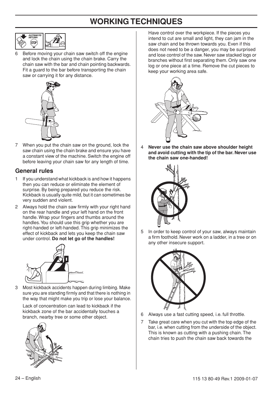 General rules, Working techniques | Husqvarna EPA III User Manual | Page 24 / 132