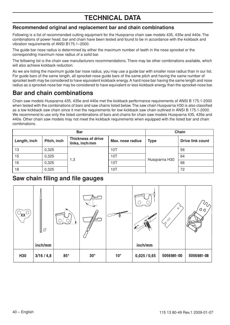 Bar and chain combinations, Saw chain filing and file gauges, Technical data | Husqvarna EPA III User Manual | Page 40 / 132