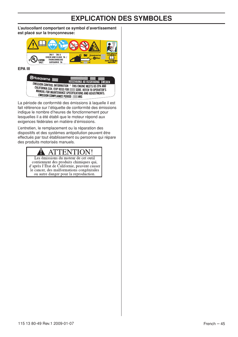 Explication des symboles | Husqvarna EPA III User Manual | Page 45 / 132