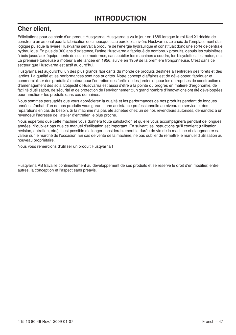 Cher client, Introduction | Husqvarna EPA III User Manual | Page 47 / 132