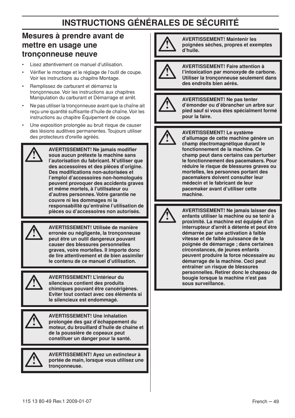 Instructions générales de sécurité | Husqvarna EPA III User Manual | Page 49 / 132