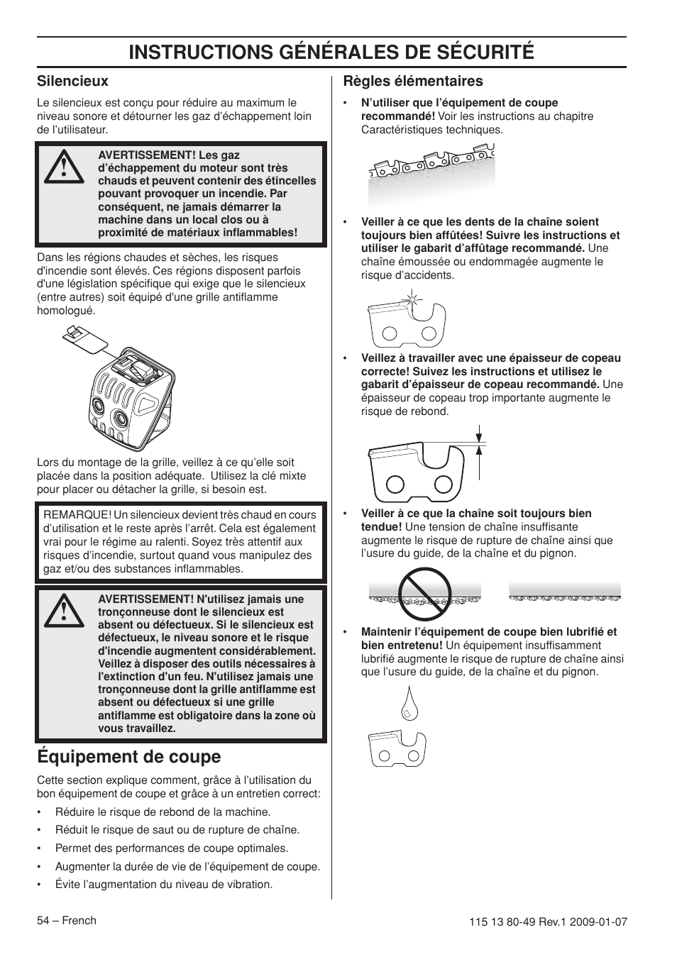 Silencieux, Équipement de coupe, Règles élémentaires | Instructions générales de sécurité | Husqvarna EPA III User Manual | Page 54 / 132