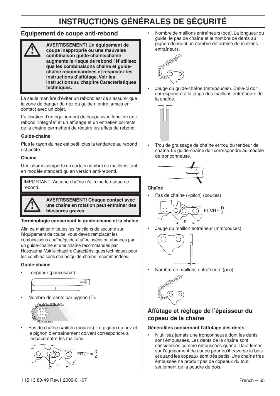 Équipement de coupe anti-rebond, Instructions générales de sécurité | Husqvarna EPA III User Manual | Page 55 / 132