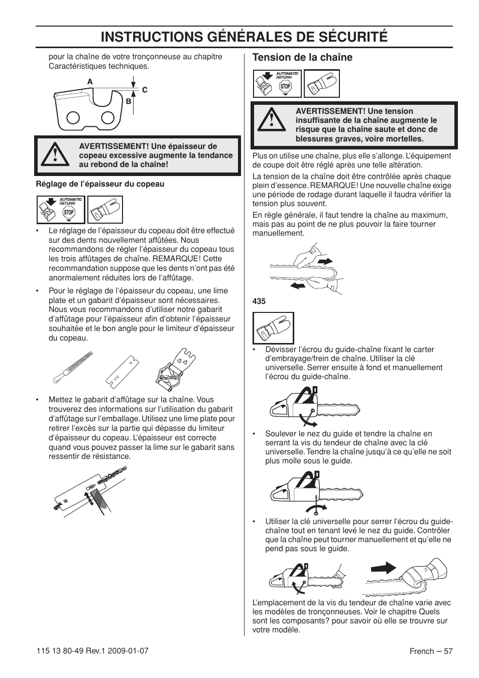 Tension de la chaîne, Instructions générales de sécurité | Husqvarna EPA III User Manual | Page 57 / 132