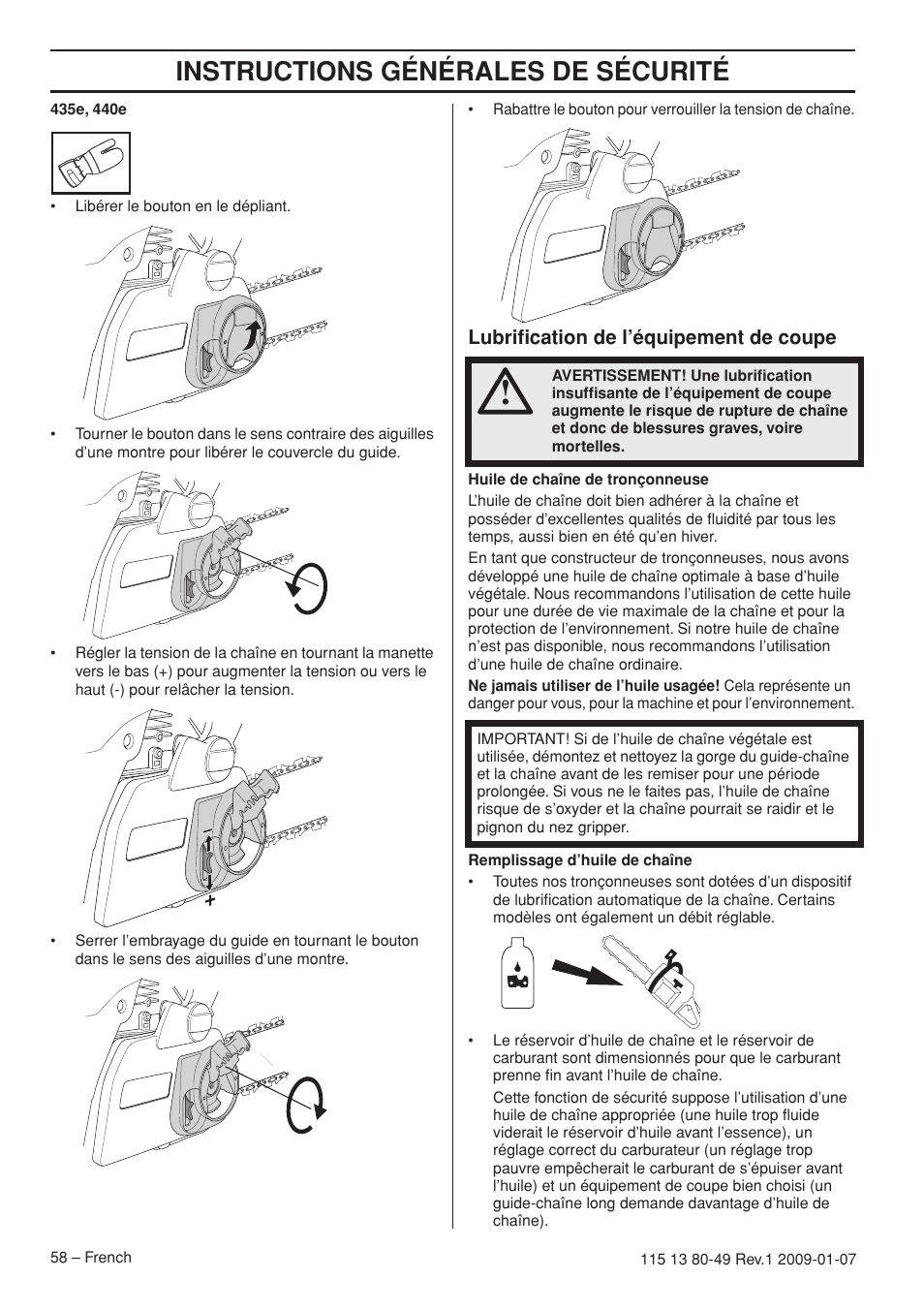 Lubrification de l’équipement de coupe, Instructions générales de sécurité | Husqvarna EPA III User Manual | Page 58 / 132