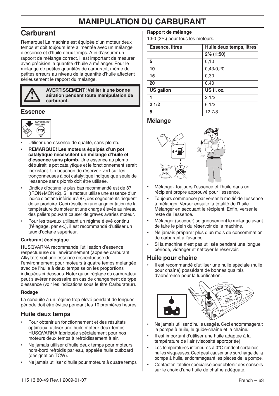 Carburant, Essence, Huile deux temps | Mélange, Huile pour chaîne, Manipulation du carburant | Husqvarna EPA III User Manual | Page 63 / 132