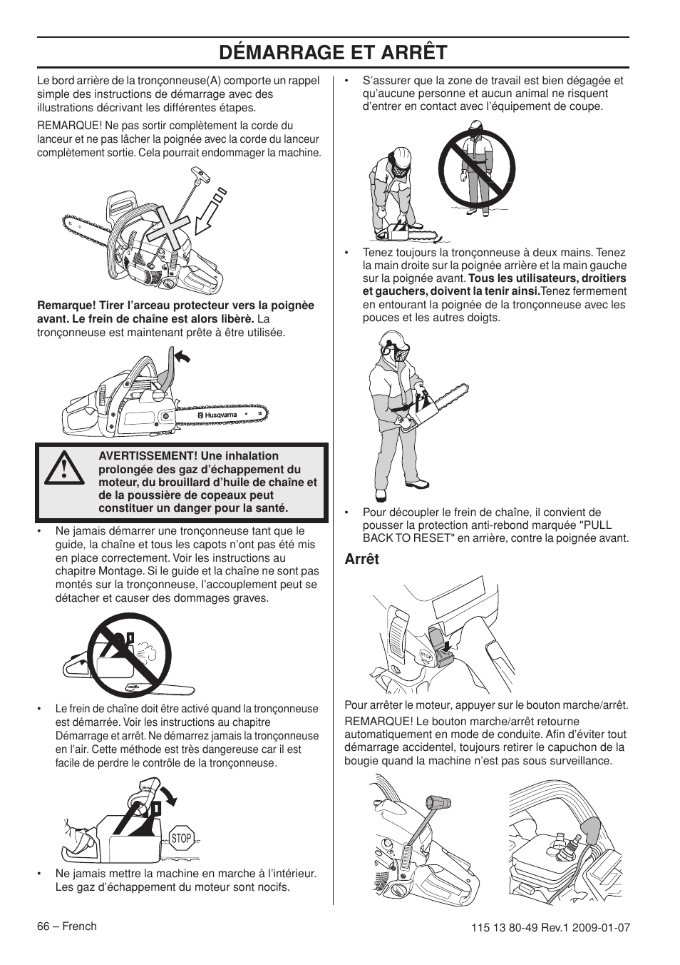 Arrêt, Démarrage et arrêt | Husqvarna EPA III User Manual | Page 66 / 132