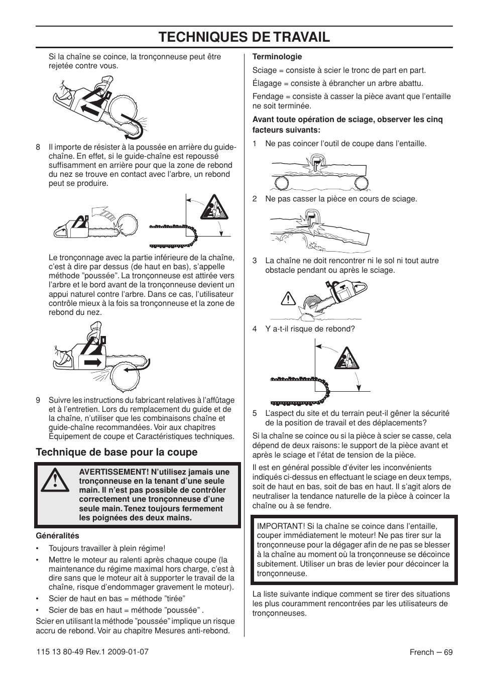 Technique de base pour la coupe, Techniques de travail | Husqvarna EPA III User Manual | Page 69 / 132