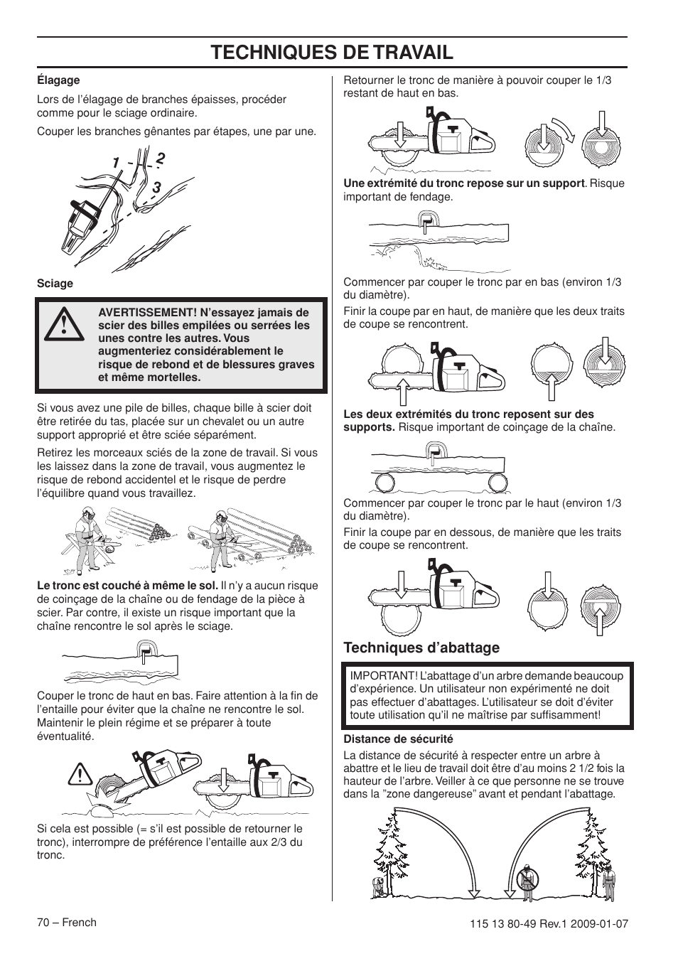 Techniques d’abattage, Techniques de travail | Husqvarna EPA III User Manual | Page 70 / 132