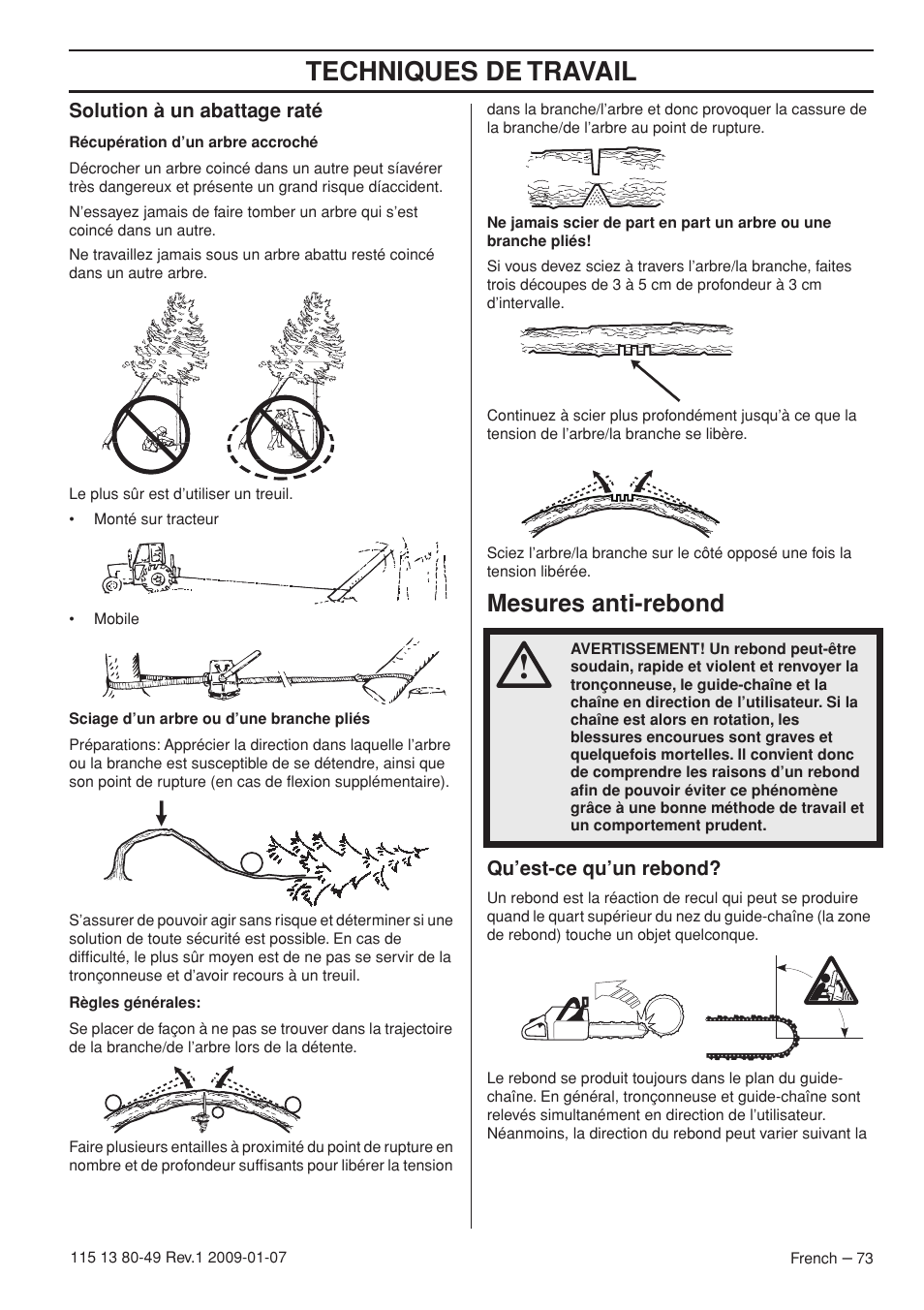 Solution à un abattage raté, Mesures anti-rebond, Qu’est-ce qu’un rebond | Techniques de travail | Husqvarna EPA III User Manual | Page 73 / 132