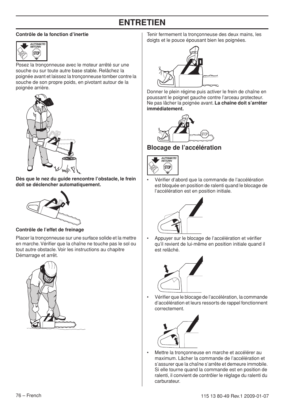 Blocage de l’accélération, Entretien | Husqvarna EPA III User Manual | Page 76 / 132