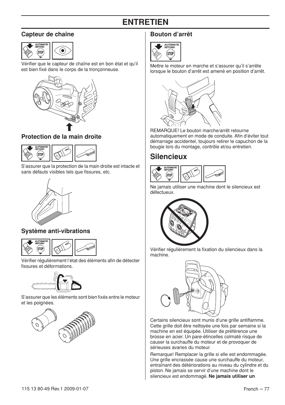 Capteur de chaîne, Protection de la main droite, Système anti-vibrations | Bouton d’arrêt, Silencieux, Entretien | Husqvarna EPA III User Manual | Page 77 / 132