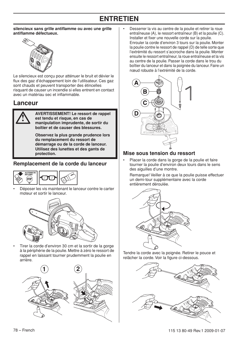 Lanceur, Remplacement de la corde du lanceur, Mise sous tension du ressort | Entretien | Husqvarna EPA III User Manual | Page 78 / 132