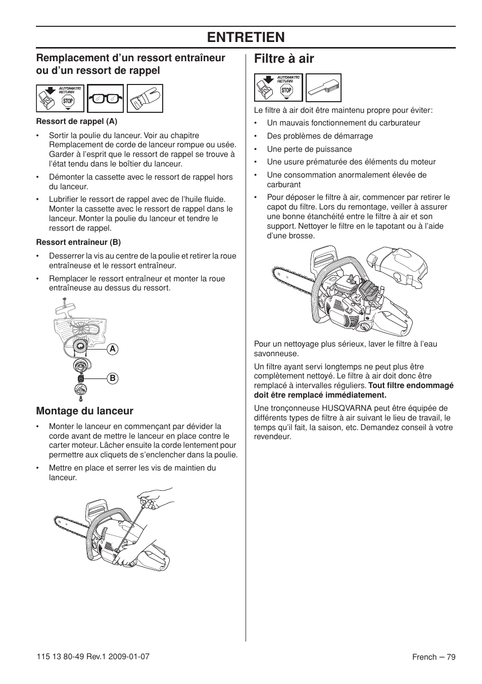 Montage du lanceur, Filtre à air, Entretien | Husqvarna EPA III User Manual | Page 79 / 132