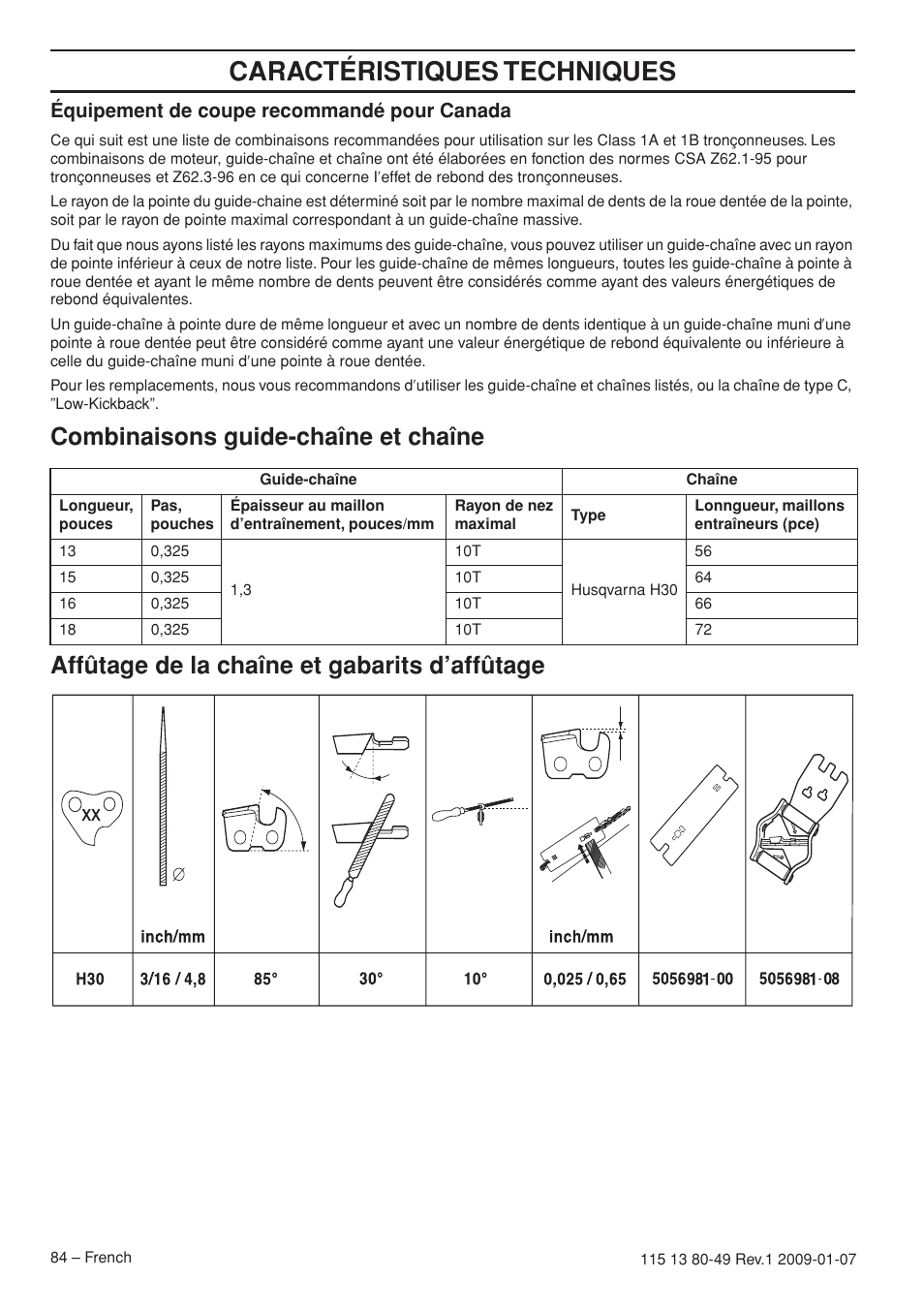 Équipement de coupe recommandé pour canada, Combinaisons guide-chaîne et chaîne, Affûtage de la chaîne et gabarits d’affûtage | Caractéristiques techniques | Husqvarna EPA III User Manual | Page 84 / 132