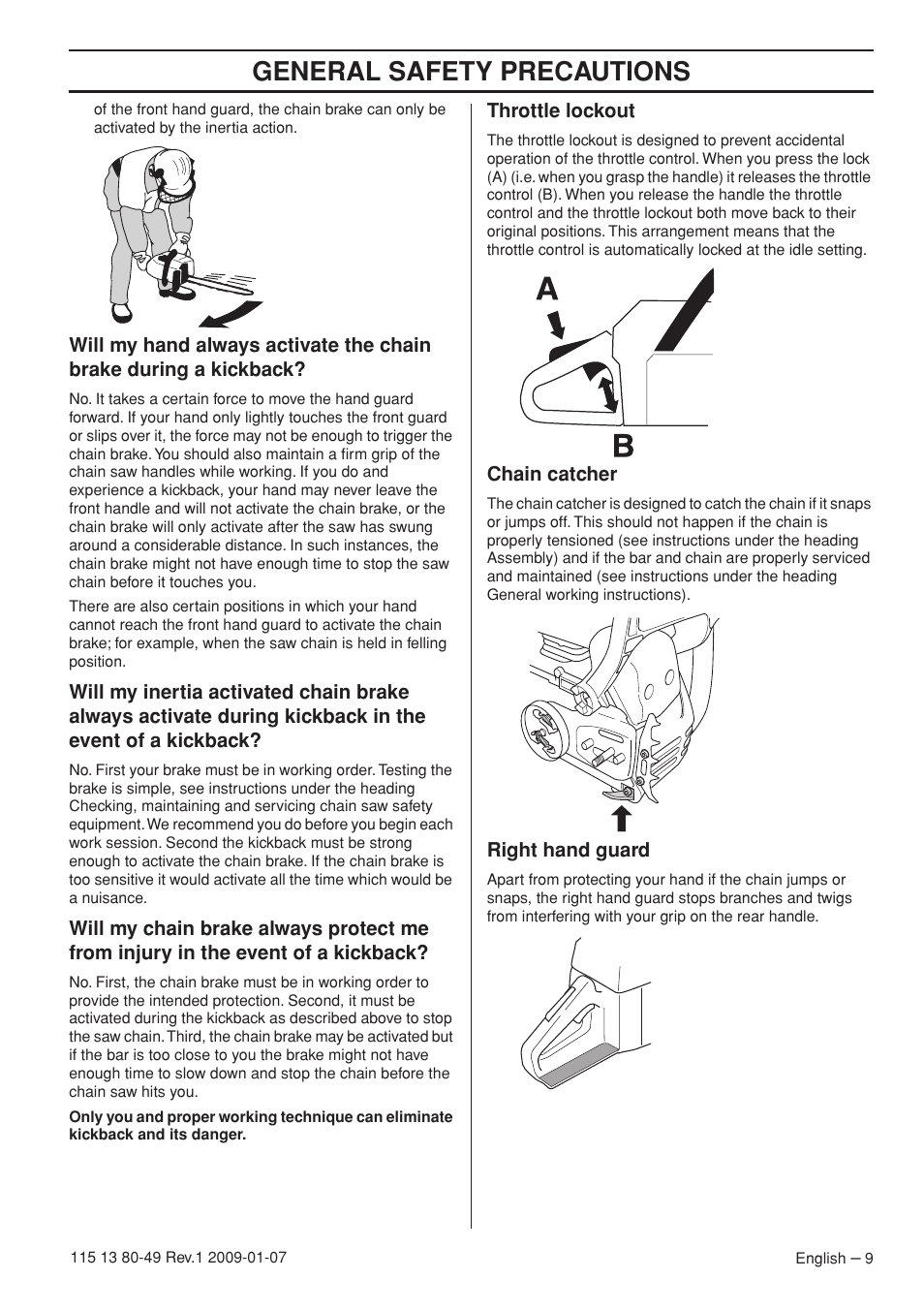 Throttle lockout, Chain catcher, Right hand guard | General safety precautions | Husqvarna EPA III User Manual | Page 9 / 132