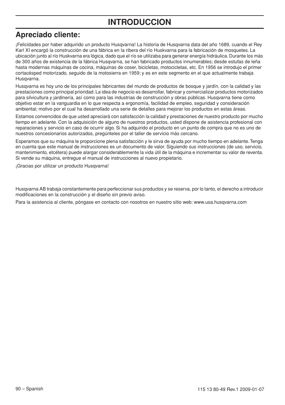 Apreciado cliente, Introduccion | Husqvarna EPA III User Manual | Page 90 / 132