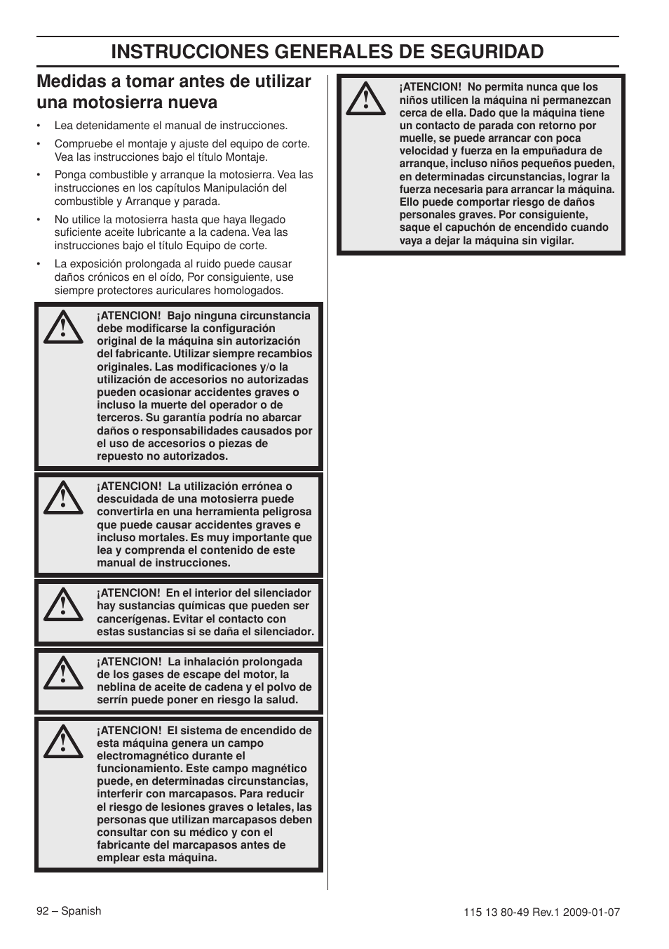 Instrucciones generales de seguridad | Husqvarna EPA III User Manual | Page 92 / 132