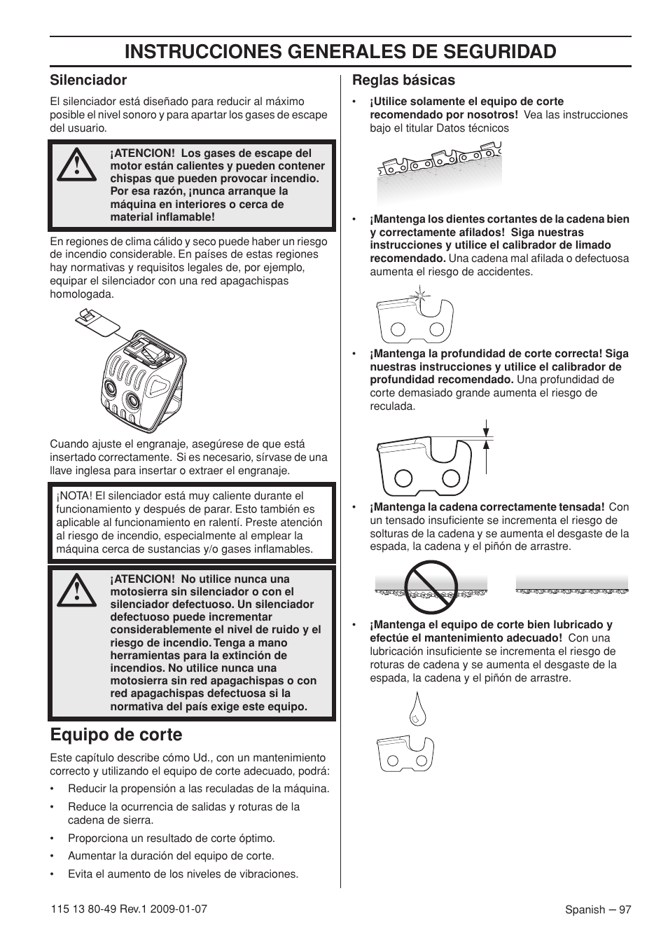 Silenciador, Equipo de corte, Reglas básicas | Instrucciones generales de seguridad | Husqvarna EPA III User Manual | Page 97 / 132