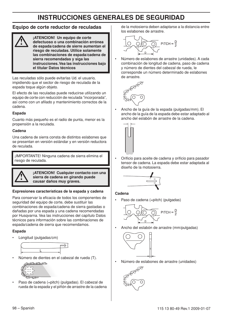 Equipo de corte reductor de reculadas, Instrucciones generales de seguridad | Husqvarna EPA III User Manual | Page 98 / 132