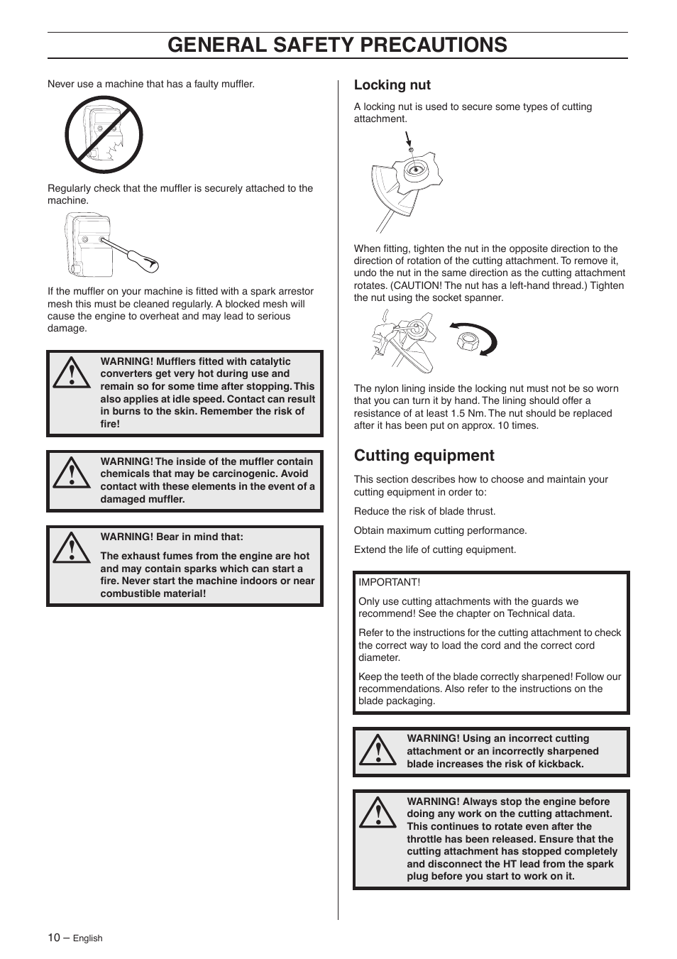 Locking nut, Cutting equipment, General safety precautions | Husqvarna 132R User Manual | Page 10 / 36