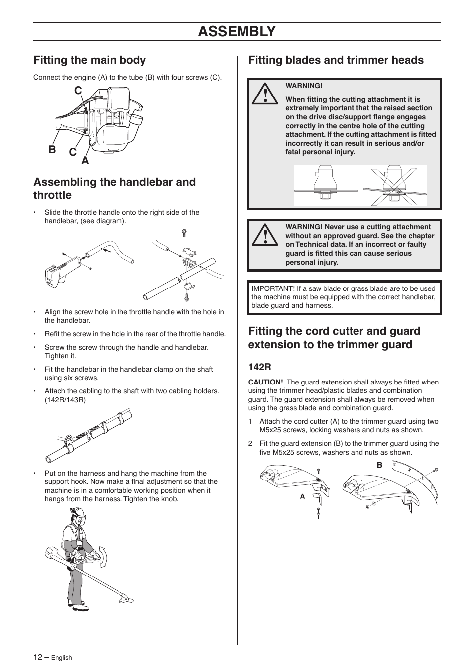 Fitting the main body, Assembling the handlebar and throttle, Fitting blades and trimmer heads | 142r, Assembly, Ab c c | Husqvarna 132R User Manual | Page 12 / 36