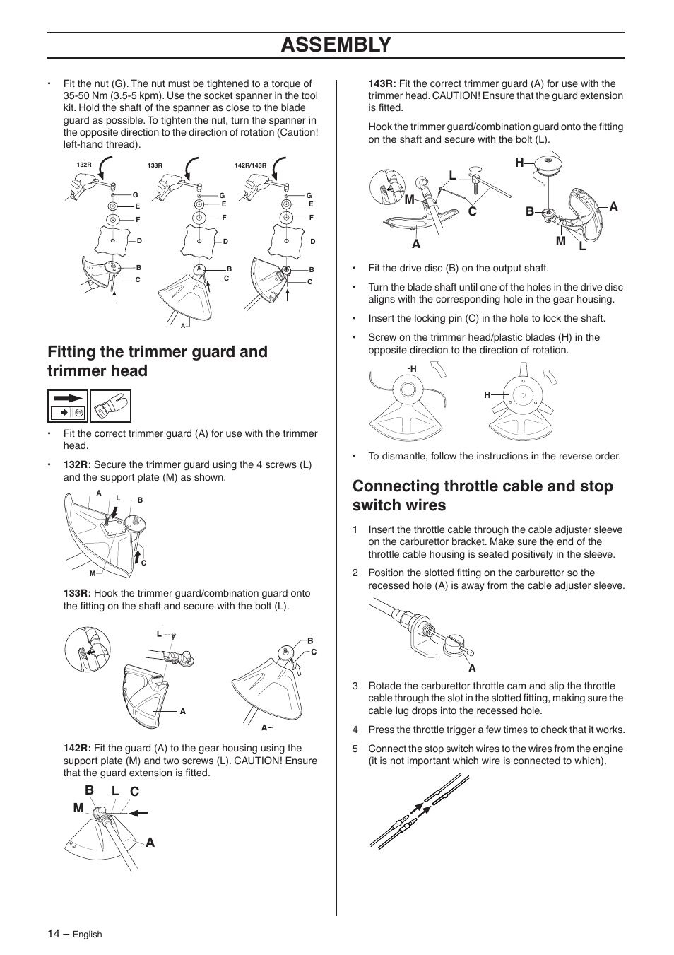 Fitting the trimmer guard and trimmer head, Connecting throttle cable and stop switch wires, Assembly | Ml a c b | Husqvarna 132R User Manual | Page 14 / 36