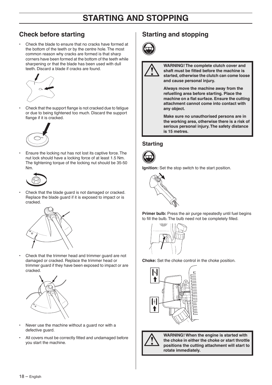 Check before starting, Starting and stopping, Starting | Husqvarna 132R User Manual | Page 18 / 36