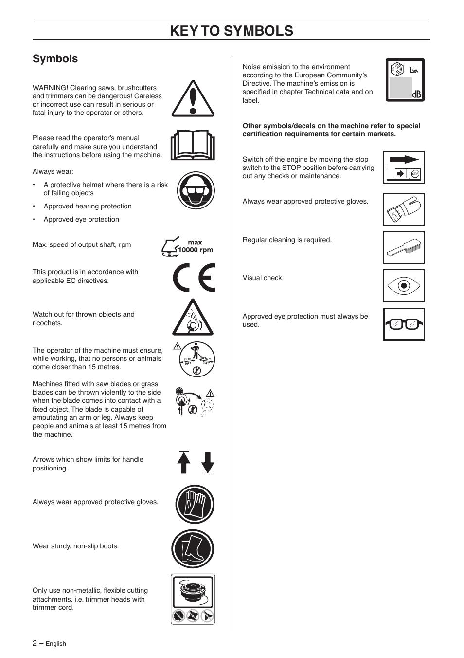 Symbols, Key t o symbols | Husqvarna 132R User Manual | Page 2 / 36