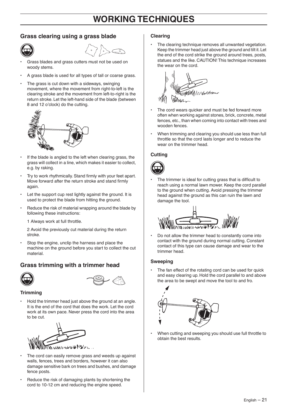 Grass clearing using a grass blade, Grass trimming with a trimmer head, Working techniques | Husqvarna 132R User Manual | Page 21 / 36