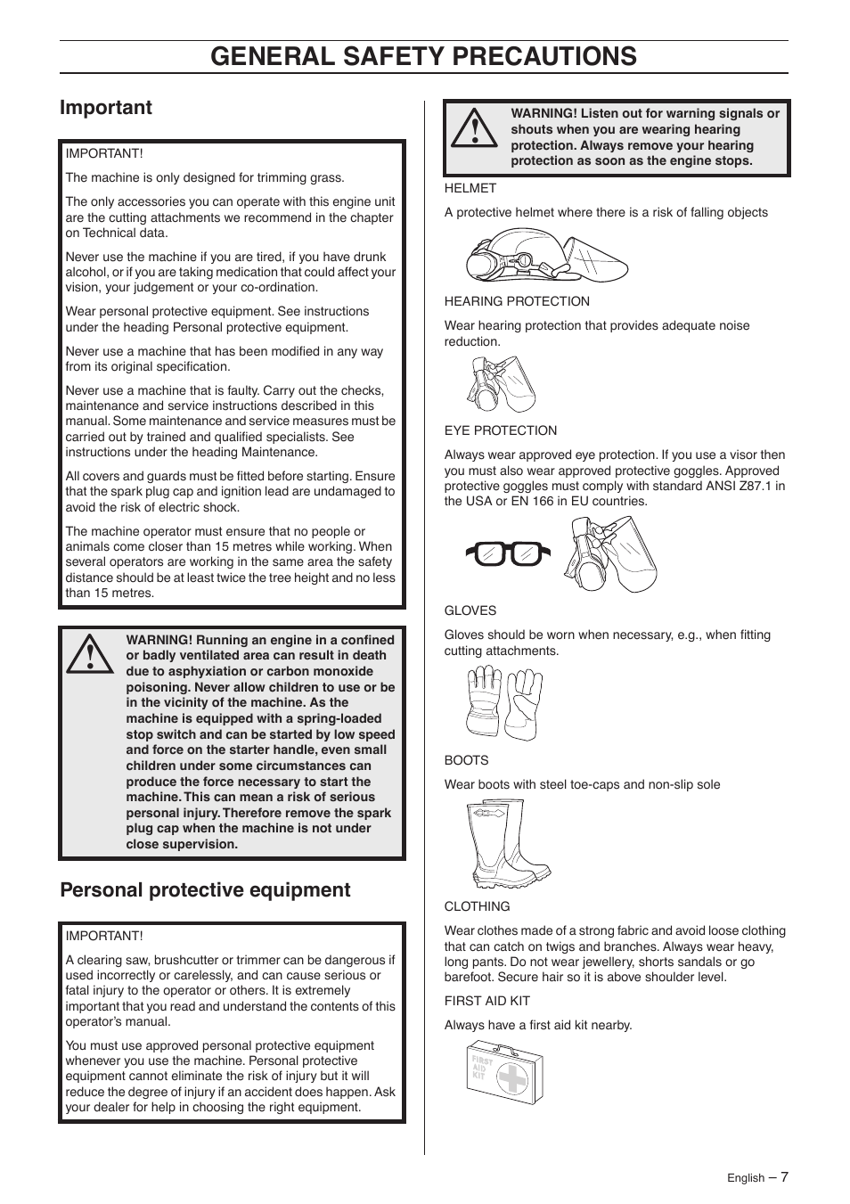 Important, Personal protective equipment, General safety preca utions | Impor tant personal protective equipment | Husqvarna 132R User Manual | Page 7 / 36