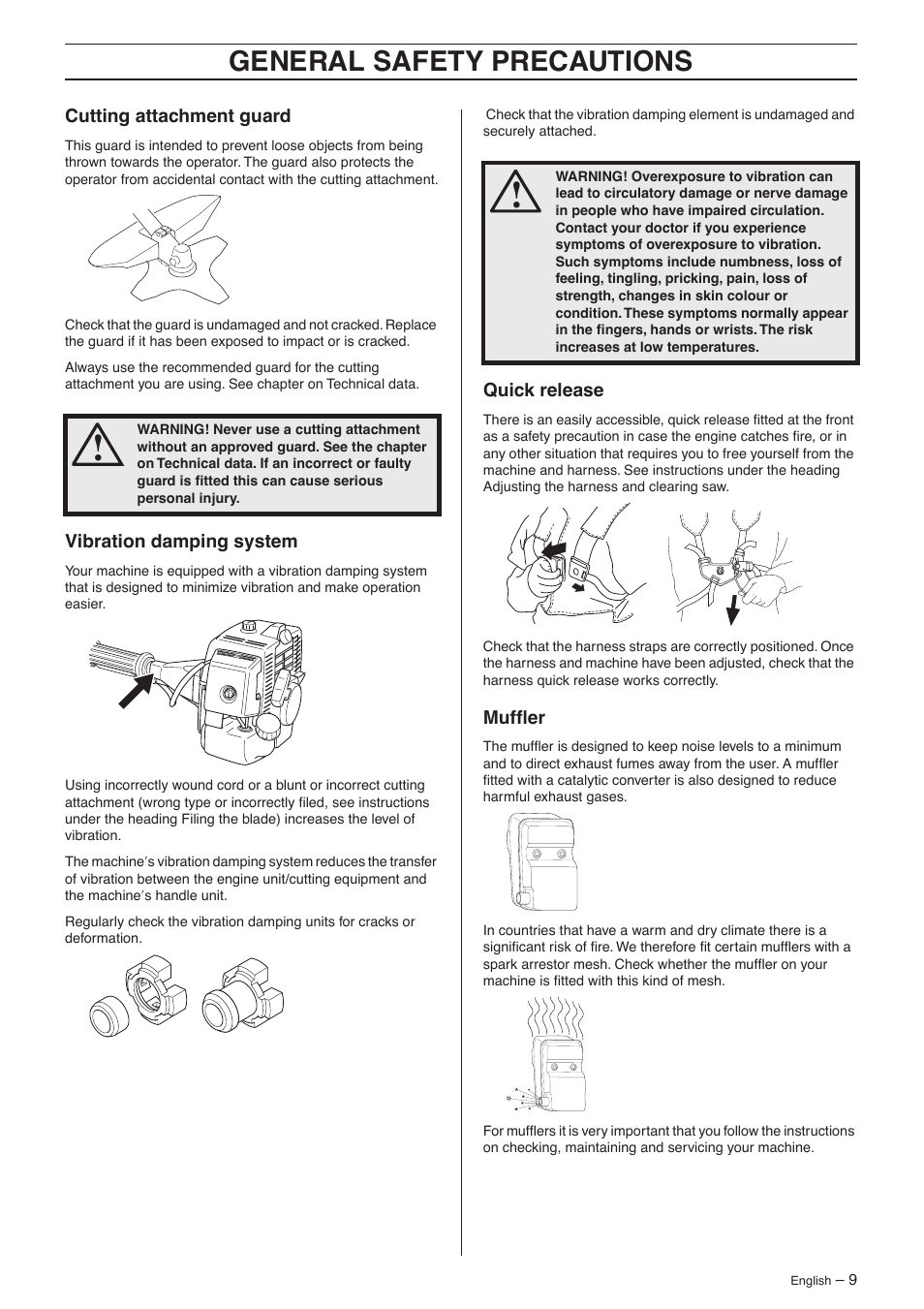 Cutting attachment guard, Vibration damping system, Quick release | Muffler, General safety precautions | Husqvarna 132R User Manual | Page 9 / 36