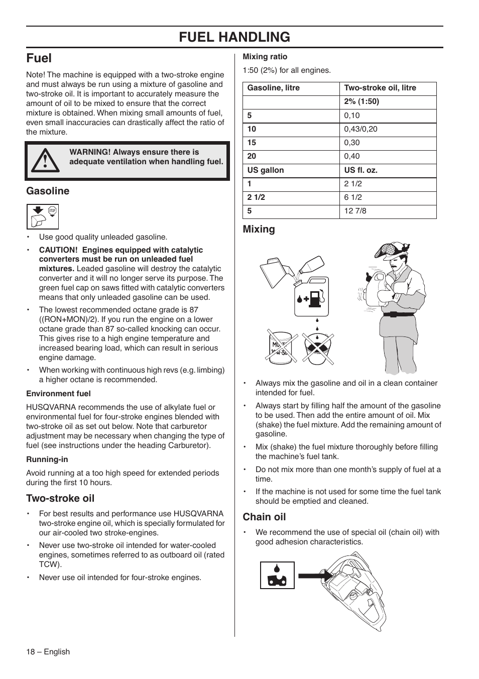 Fuel, Gasoline, Two-stroke oil | Mixing, Chain oil, Fuel handling | Husqvarna 357XP EPA I User Manual | Page 18 / 44
