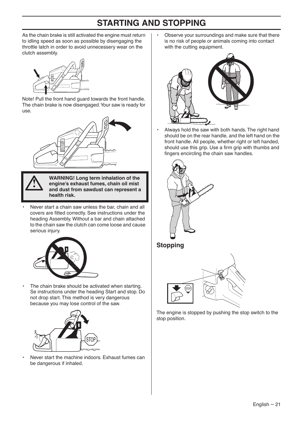 Stopping, Starting and stopping | Husqvarna 357XP EPA I User Manual | Page 21 / 44