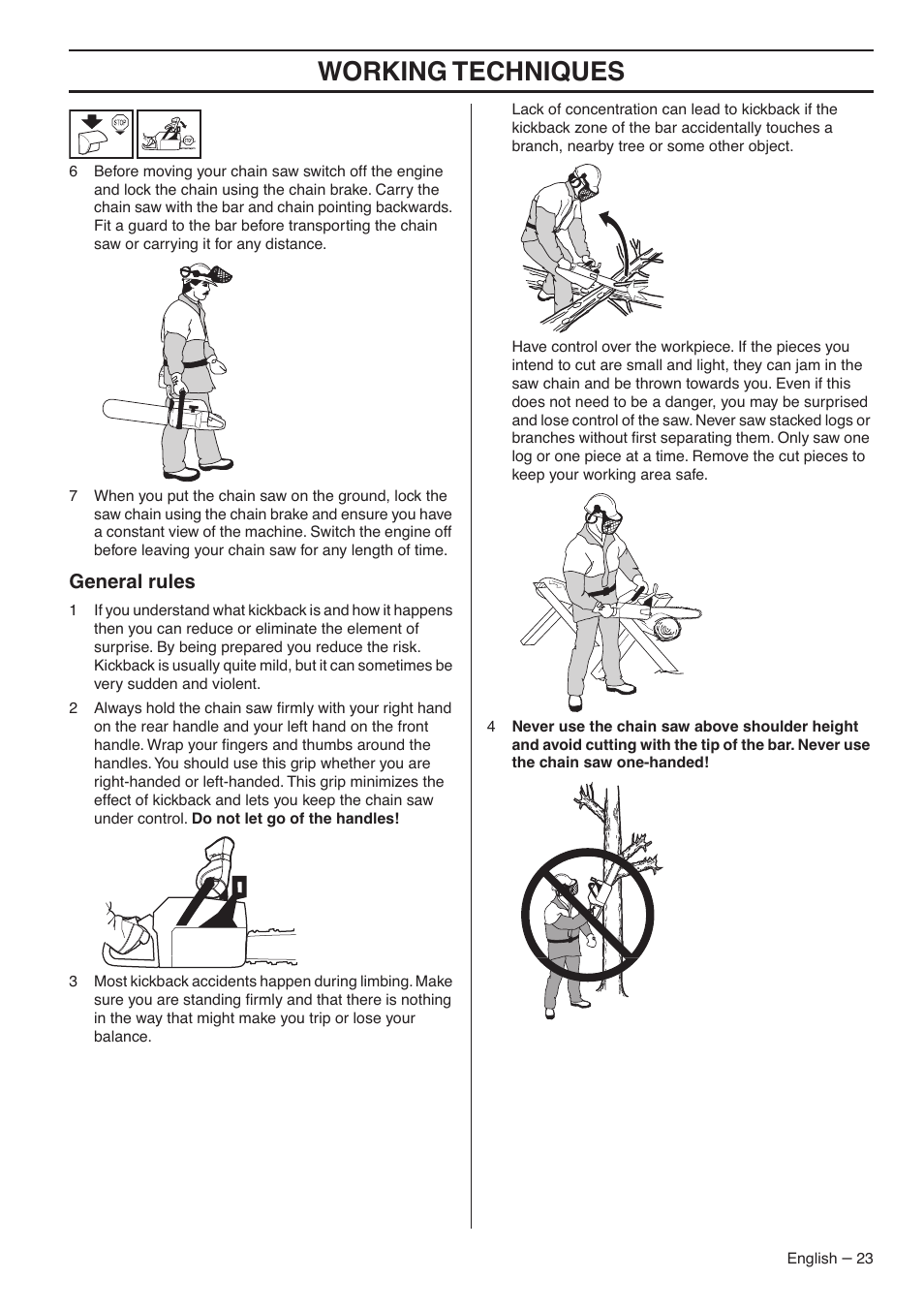General rules, Working techniques | Husqvarna 357XP EPA I User Manual | Page 23 / 44